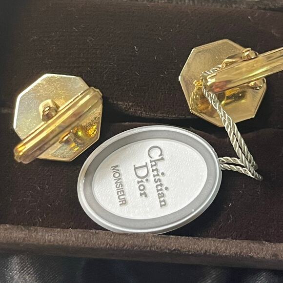 Christian Dior Gold Plated Octagonal Cufflink Black accent original box and tags - Picture 8 of 9